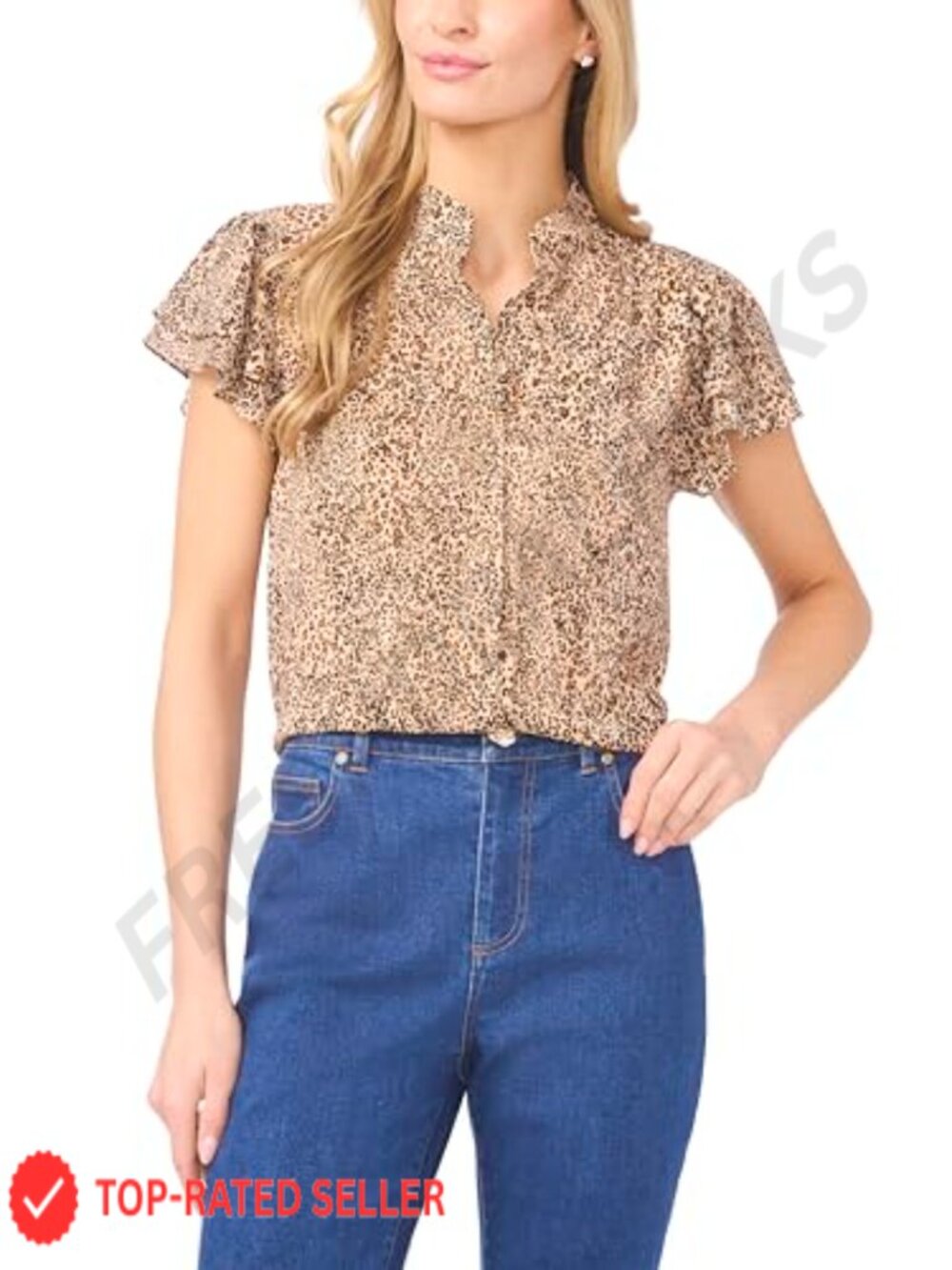 CeCe Leopard Print Double Flutter Sleeve Open Collar Blouse